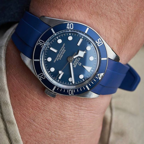 Tudor Black Bay 58 with Blue Strap on wrist